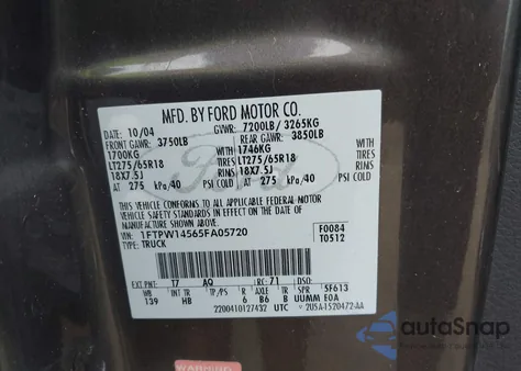 2005 Ford F-150 Fx4/Lariat/Xlt z USA, uszkodzony, nr VIN 1FTPW14565FA05720